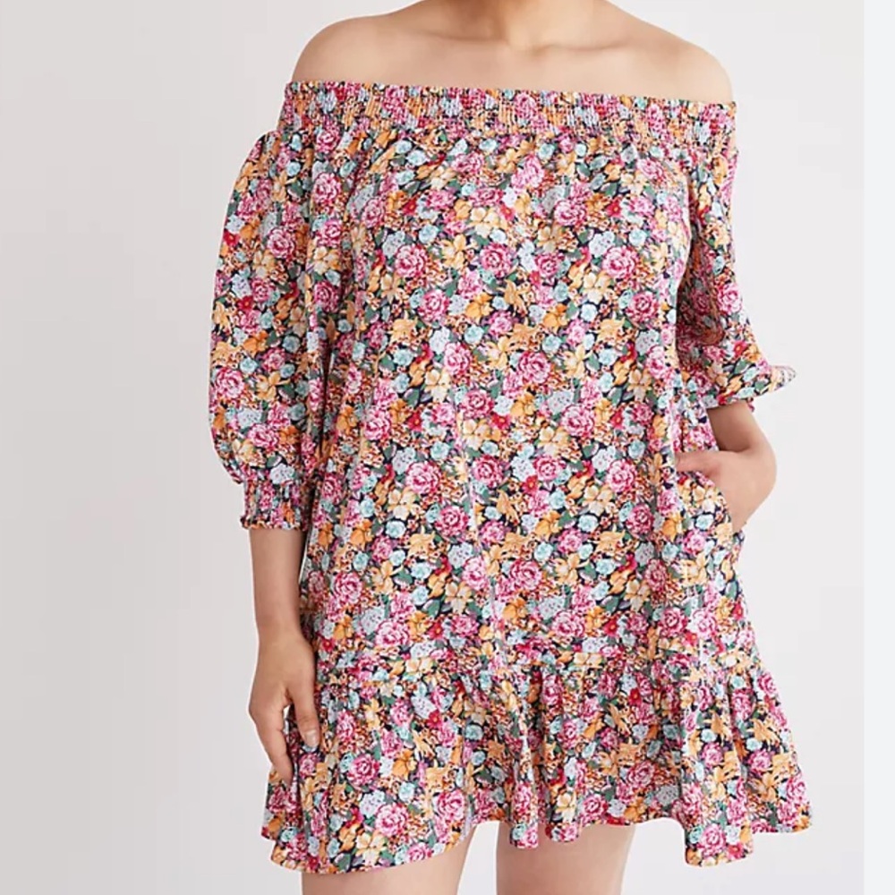 Anthropologie Maeve Flounced Off-The-Shoulder Mini Dress Floral Resort Vacation